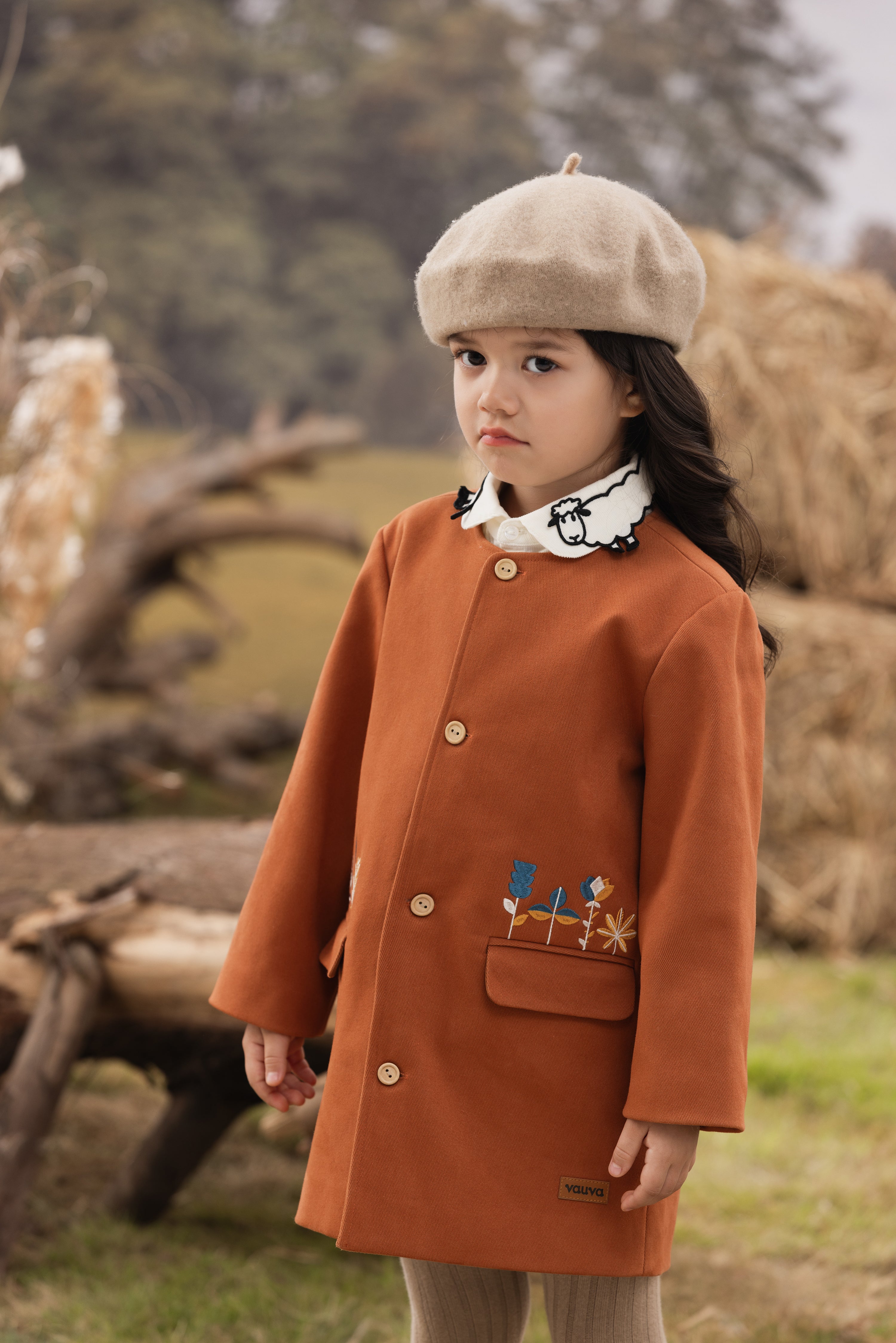 VAUVA Vauva FW23 - Girls Embroidered Twill Cotton Coat (Brown) Coat &amp; Jacket