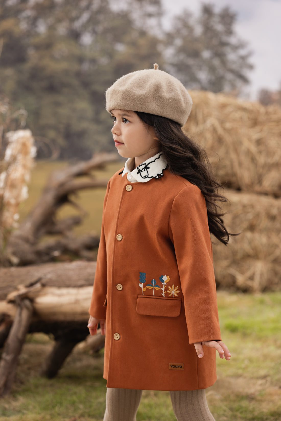 VAUVA Vauva FW23 - Girls Embroidered Twill Cotton Coat (Brown) Coat &amp; Jacket