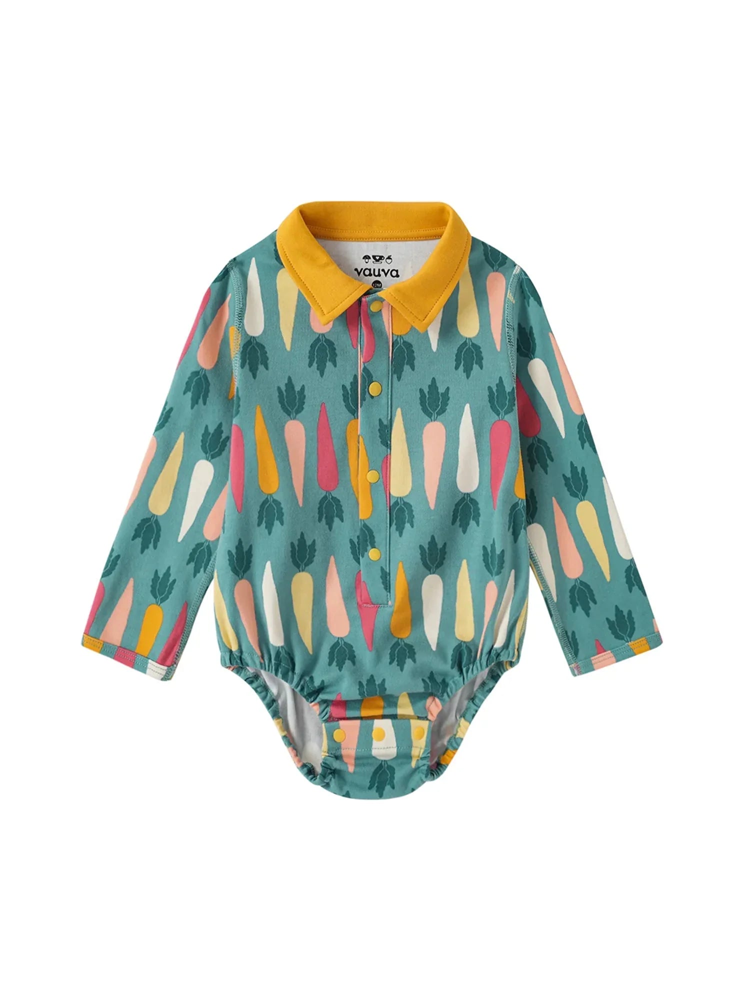 VAUVA Vauva FW23 - Baby Boy Carrot All Over Print Cotton Polo Long Sleeve Bodysuit (Green) Bodysuit
