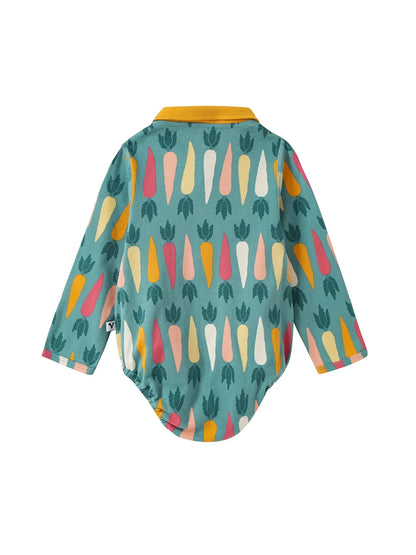 VAUVA Vauva FW23 - Baby Boy Carrot All Over Print Cotton Polo Long Sleeve Bodysuit (Green) Bodysuit