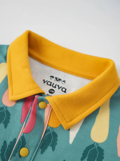 VAUVA Vauva FW23 - Baby Boy Carrot All Over Print Cotton Polo Long Sleeve Bodysuit (Green) Bodysuit