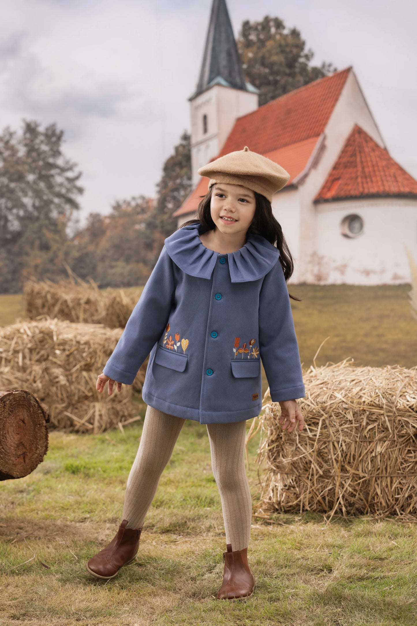 VAUVA Vauva FW23 - Girls Ruffle Collar Embroidered Coat (Blue) Coat & Jacket