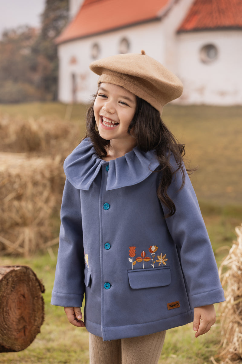 Vauva FW23 - Girls Ruffle Collar Embroidered Coat (Blue) model front - 03
