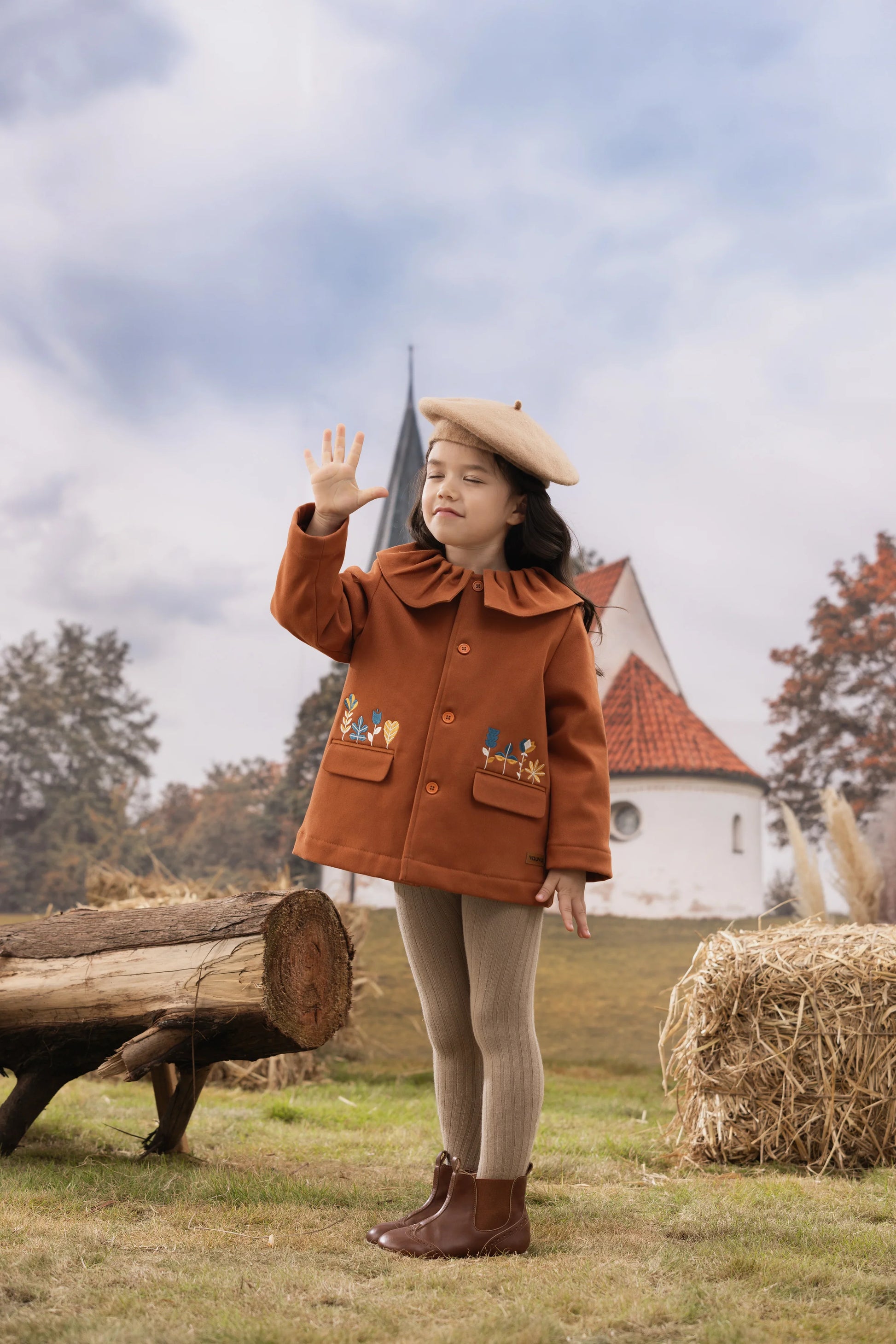 VAUVA Vauva FW23 - Girls Ruffle Collar Embroidered Coat (Brown) Coat & Jacket
