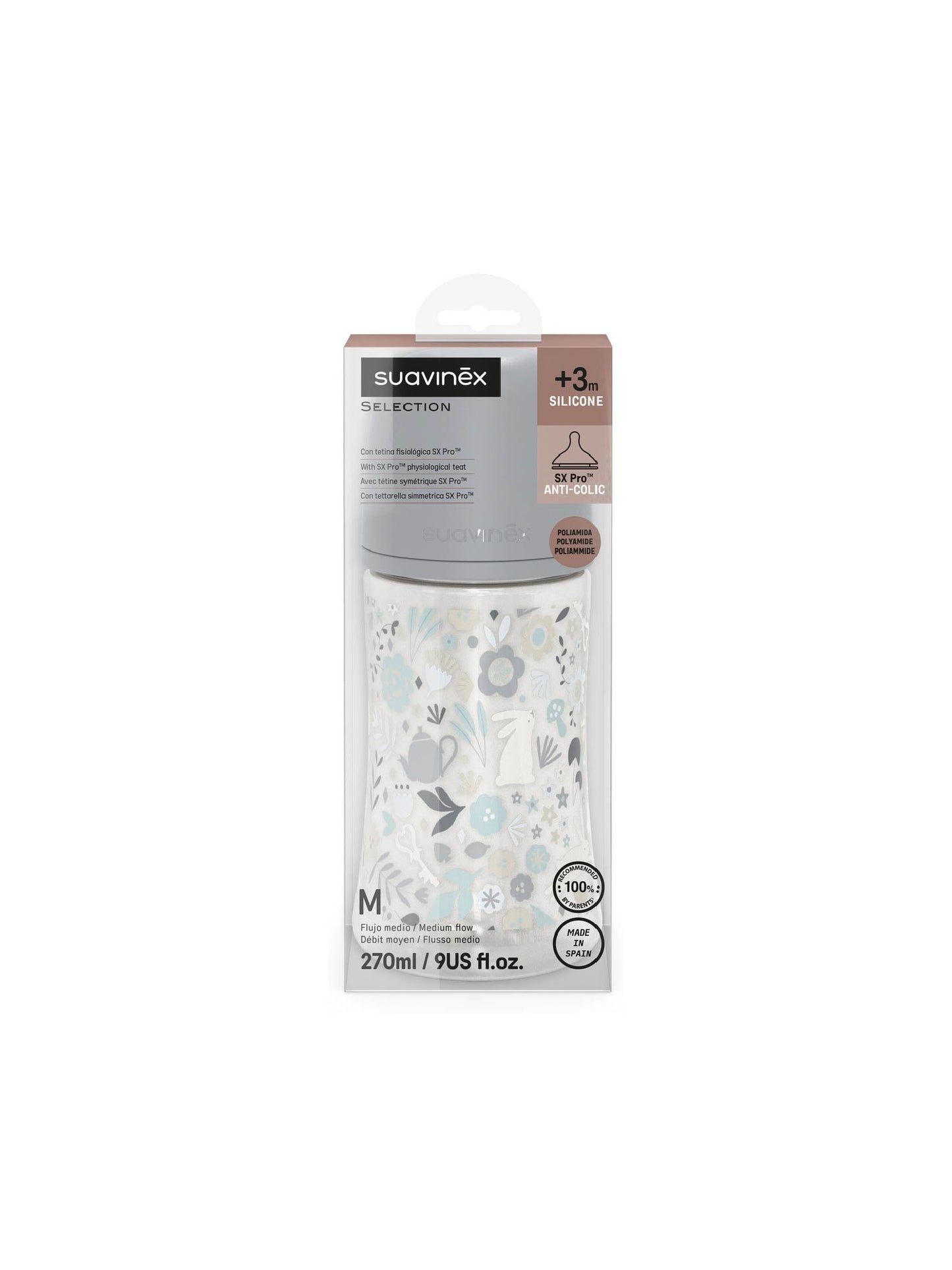 Feeding Bottle (PA) 270ml Medium Flow +3M SX Pro anti-colic Teat  - Wonderland Liberty Blue