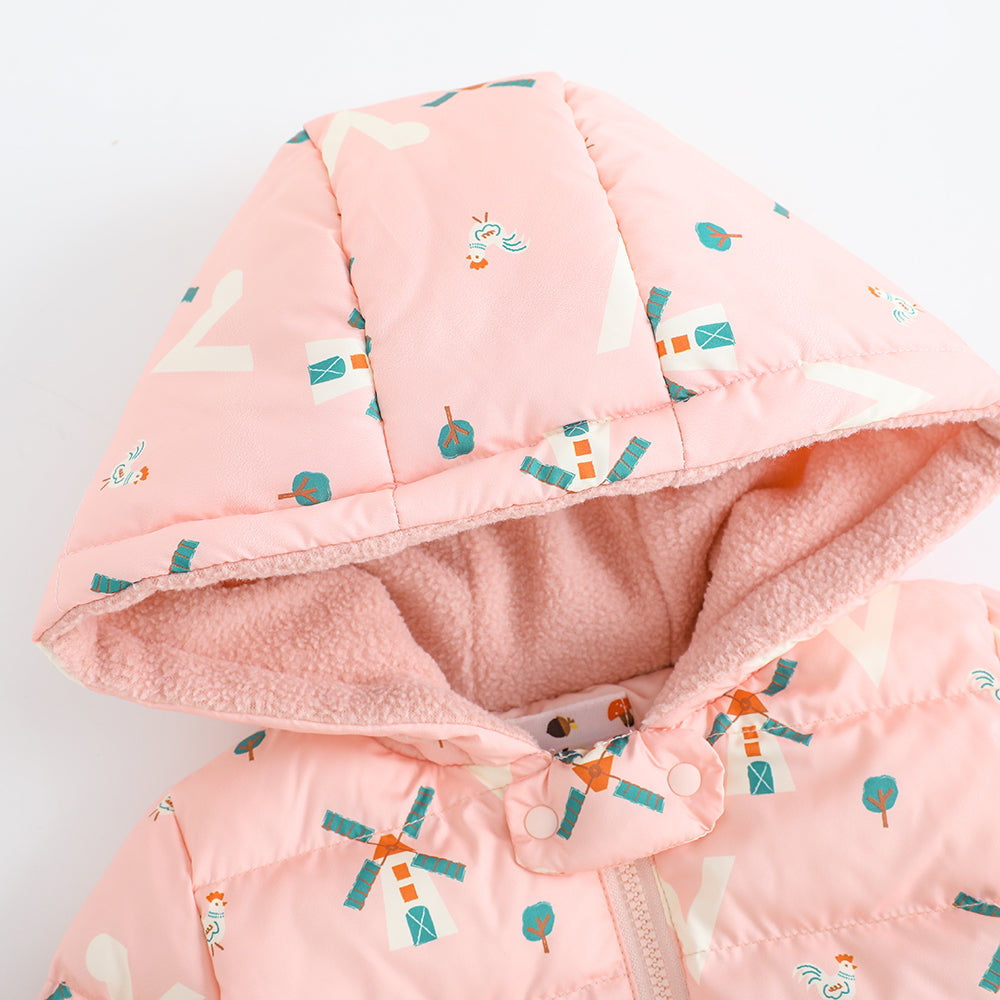 Vauva FW23 - Baby Girls Pinwheel All Over Print Padded Coat with Hood (Pink) - My Little Korner