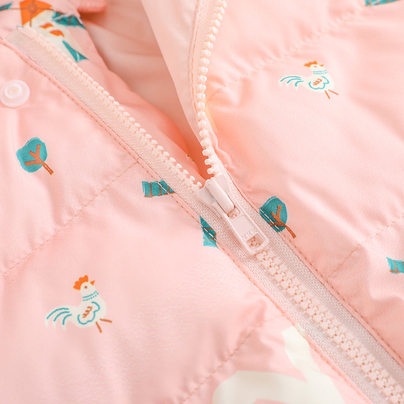 Vauva FW23 - Baby Girls Pinwheel All Over Print Padded Coat with Hood (Pink) - My Little Korner