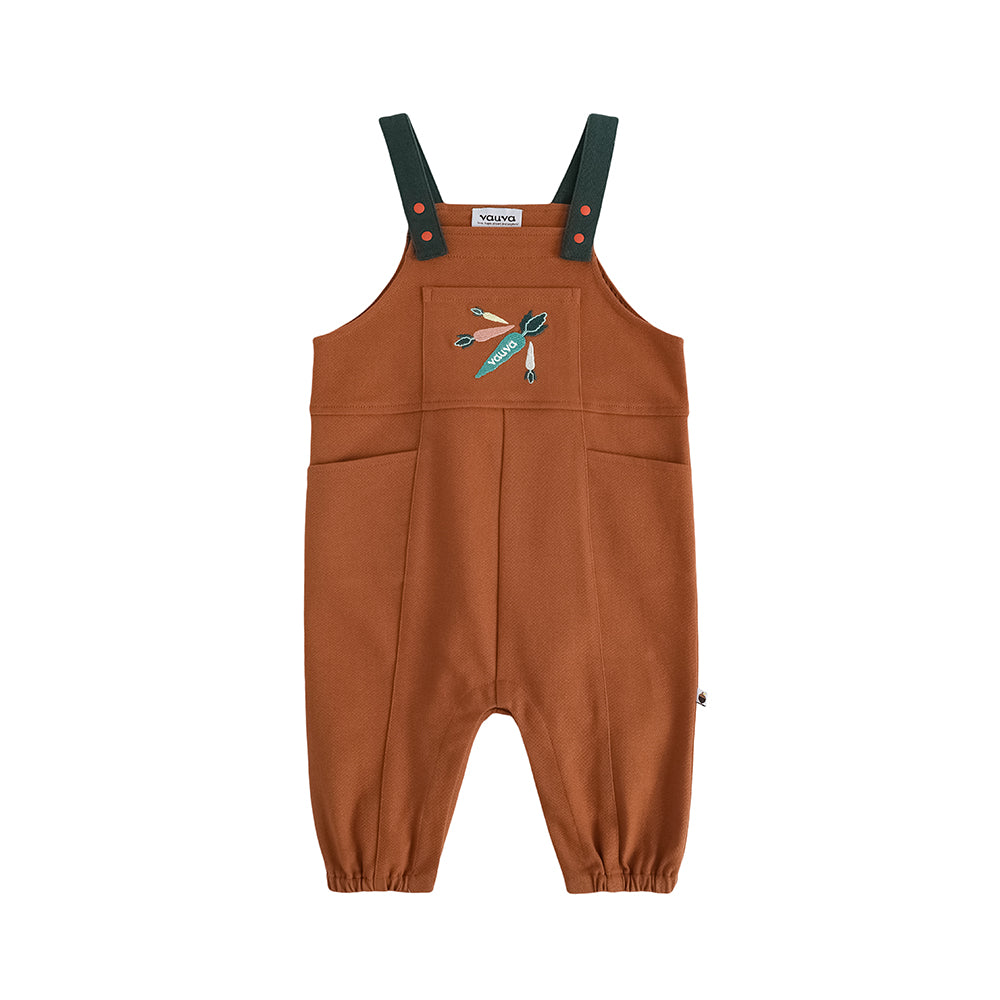 Vauva FW23 - Baby Boys Carrot Embroidery Cotton Dungarees (Brown) product image front
