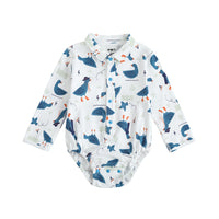 Vauva FW23 - Baby Boy White Goose All Over Print Cotton Long Sleeve Bodysuit (White) product image front