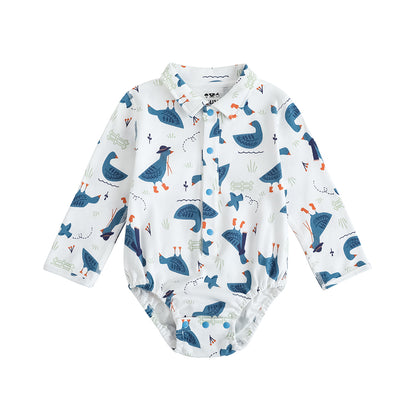 VAUVA Vauva FW23 - Baby Boy White Goose All Over Print Cotton Long Sleeve Bodysuit (White) Bodysuit