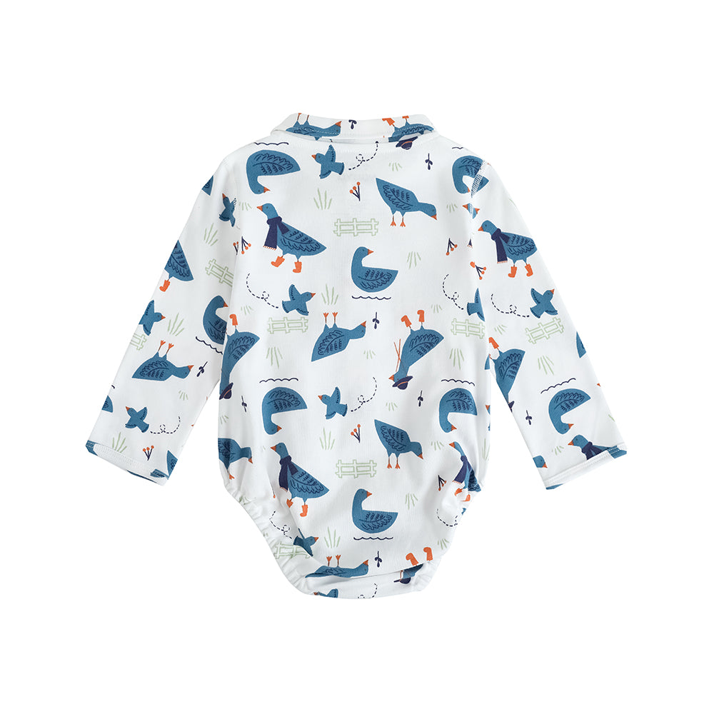 VAUVA Vauva FW23 - Baby Boy White Goose All Over Print Cotton Long Sleeve Bodysuit (White) Bodysuit