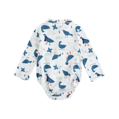 VAUVA Vauva FW23 - Baby Boy White Goose All Over Print Cotton Long Sleeve Bodysuit (White) Bodysuit