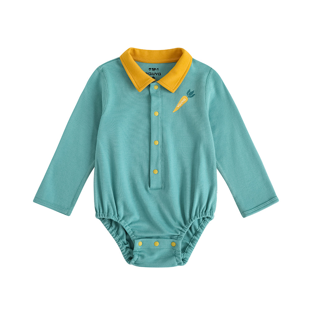 Vauva FW23 - Baby Boy Carrot Pattern Cotton Polo Long Sleeve Bodysuit (Green) 18 months