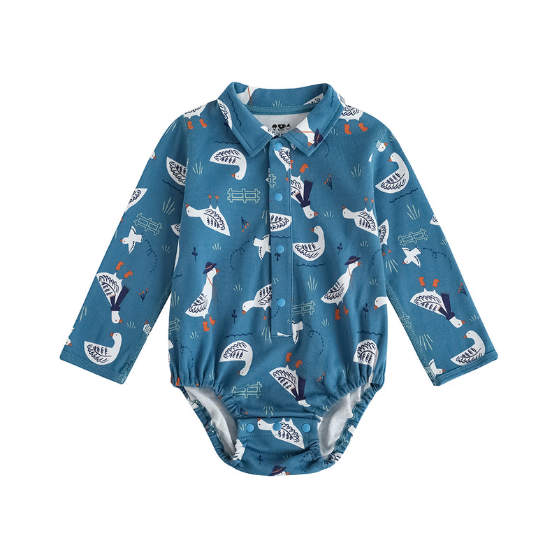 Vauva FW23 - Baby Boy White Goose All Over Print Cotton Long Sleeve Bodysuit (Blue)