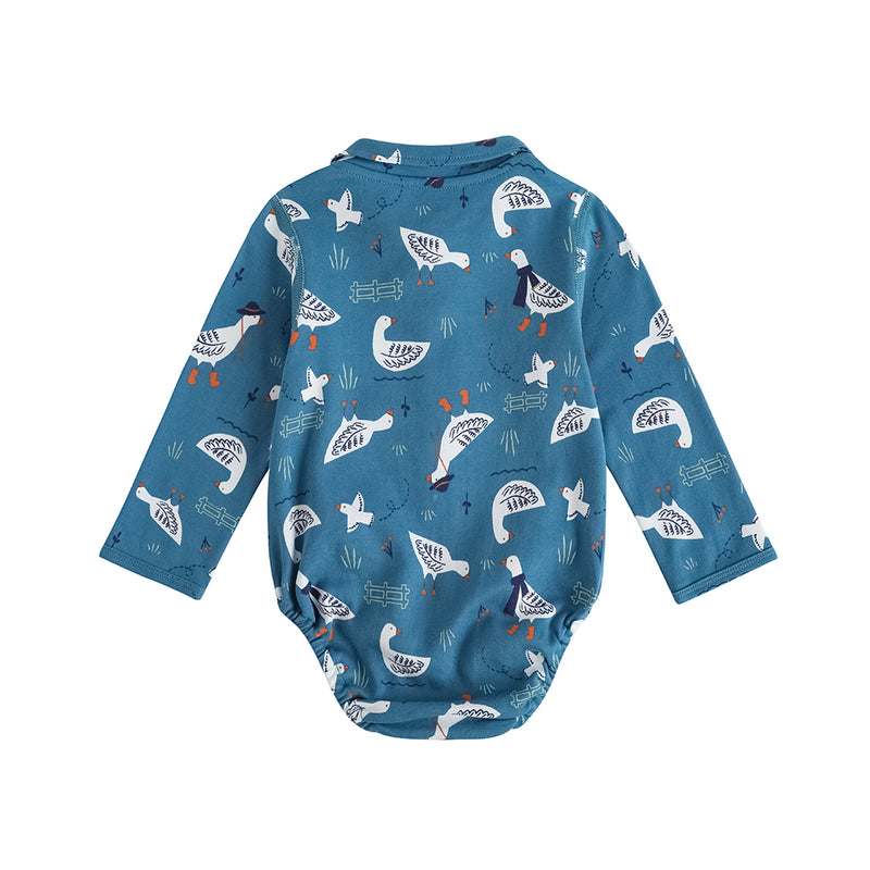 VAUVA Vauva FW23 - Baby Boy White Goose All Over Prinon Long Sleeve Bodysuit (Blue) Bodysuit