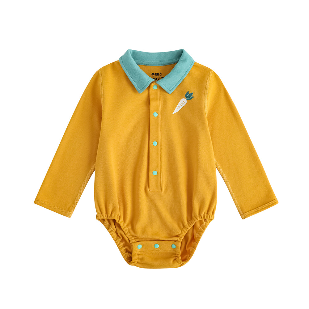 Vauva FW23 - Baby Boy Carrot Pattern Cotton Polo Long Sleeve Bodysuit (Yellow) 18 months