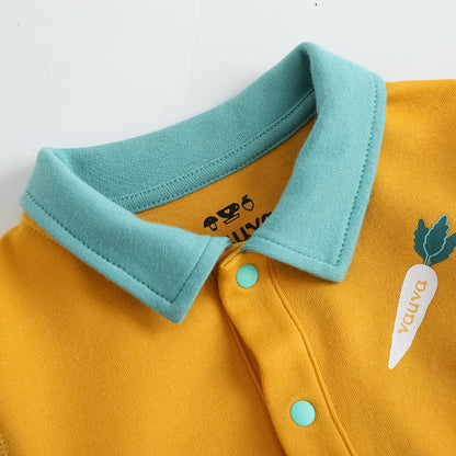 VAUVA Vauva FW23 - Baby Boy Carrot Pattern Cotton Polo Long Sleeve Bodysuit (Yellow) Bodysuit