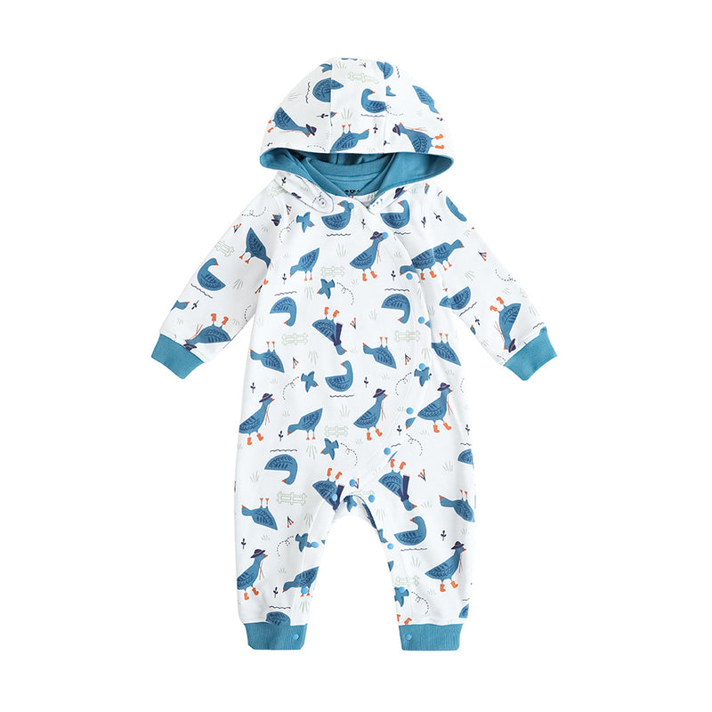 Vauva FW23 - Baby Boy White Goose Cotton Hood Long Sleeve Romper (White) product image front