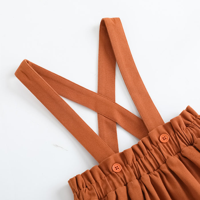 Vauva FW23 - Girls Embroidered Brown Vest Suspender Skirt