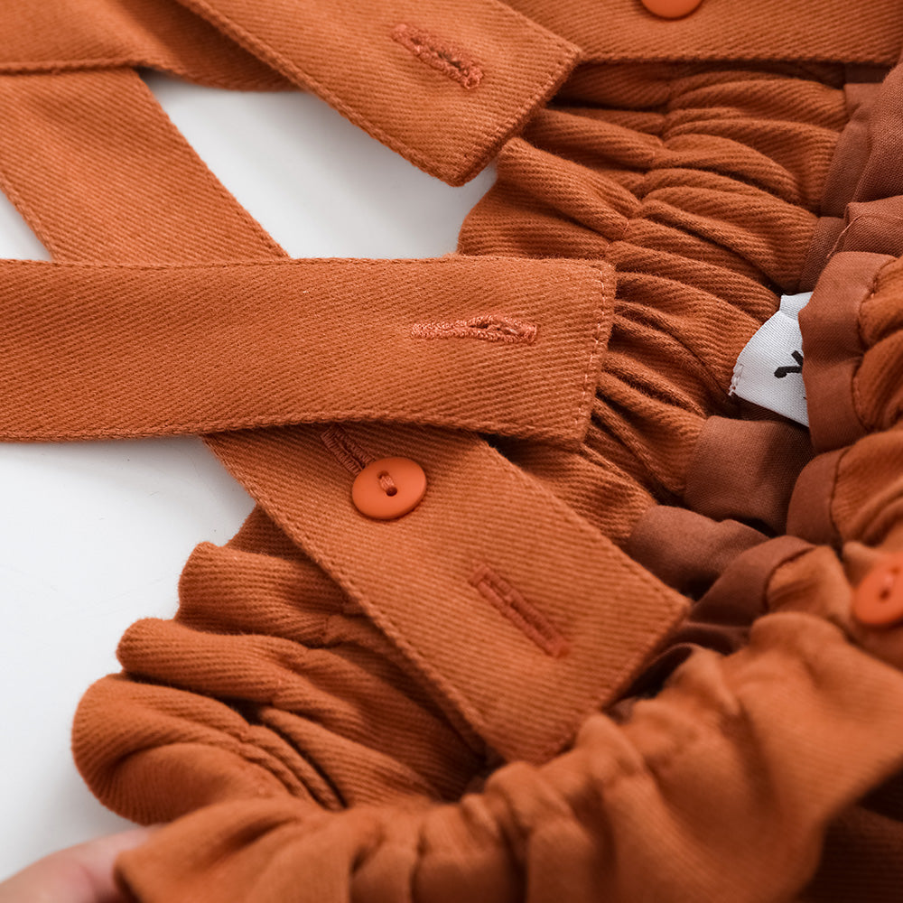 Vauva FW23 - Girls Embroidered Brown Vest Suspender Skirt