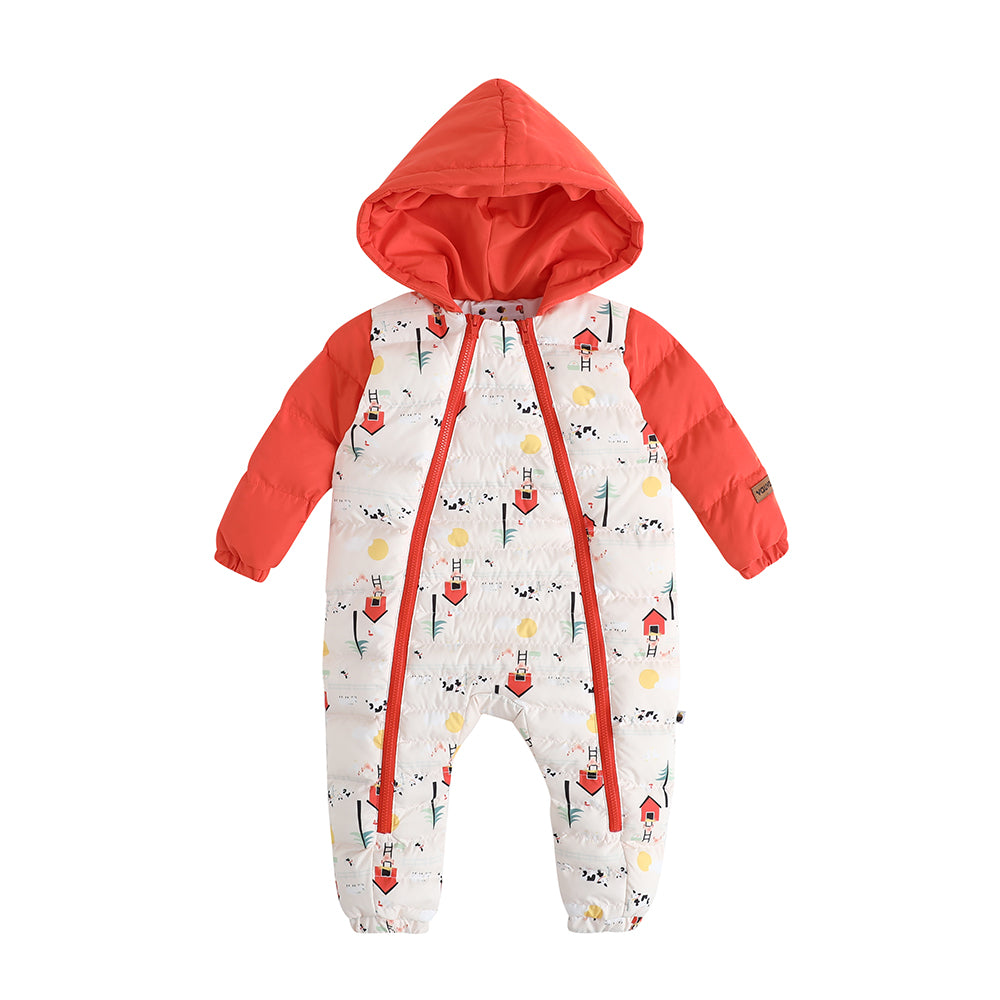 Vauva FW23 - Baby Unisex Nordic Style All Over Print Cotton Hood Long Sleeve Romper (Red)