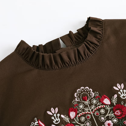 VAUVA Vauva FW23 - Girls Brown Embroidered Cotton Dress Dress