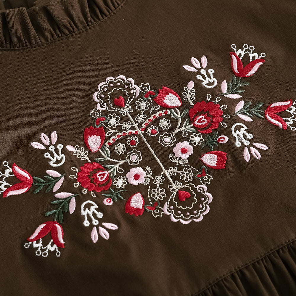 VAUVA Vauva FW23 - Girls Brown Embroidered Cotton Dress Dress