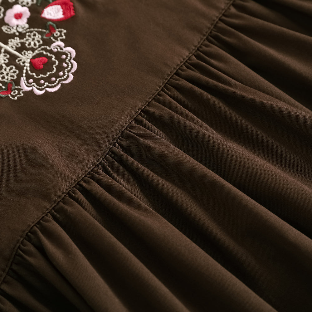 Vauva FW23 - Girls Brown Embroidered Cotton Dress - My Little Korner