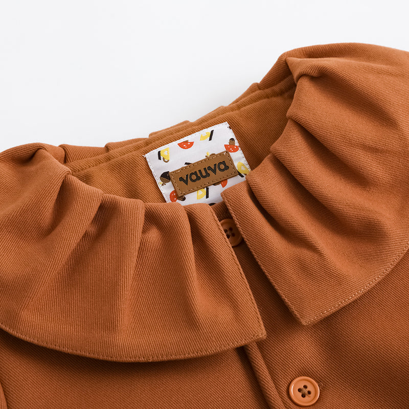 Vauva FW23 - Girls Ruffle Collar Embroidered Coat (Brown) - My Little Korner