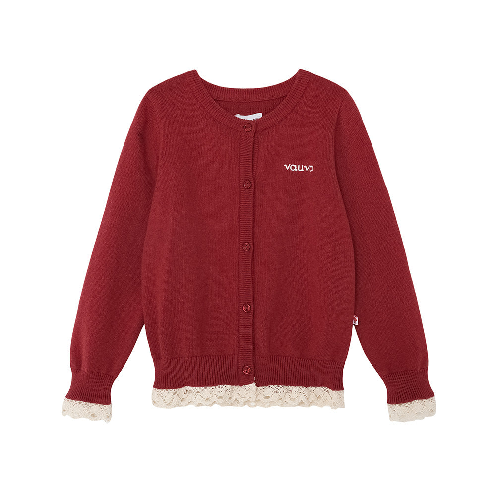 Vauva FW23 - Girls Lace Cotton Cashmere Cardigan (Red)-product image front