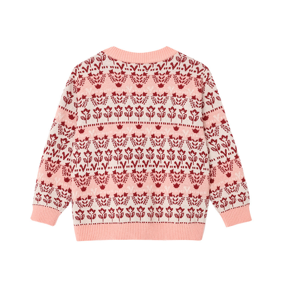 Vauva FW23 - Girls Jacquard Cotton Cashmere Jacket (Pink) product image back