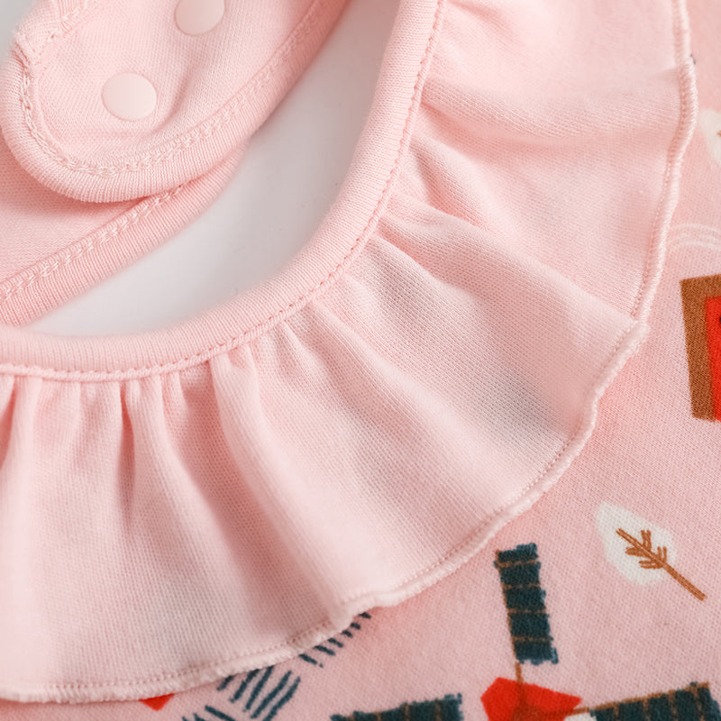Vauva FW23 - Baby Girls Pinwheel All Over Print Ruffle Cotton Bib (Pink)