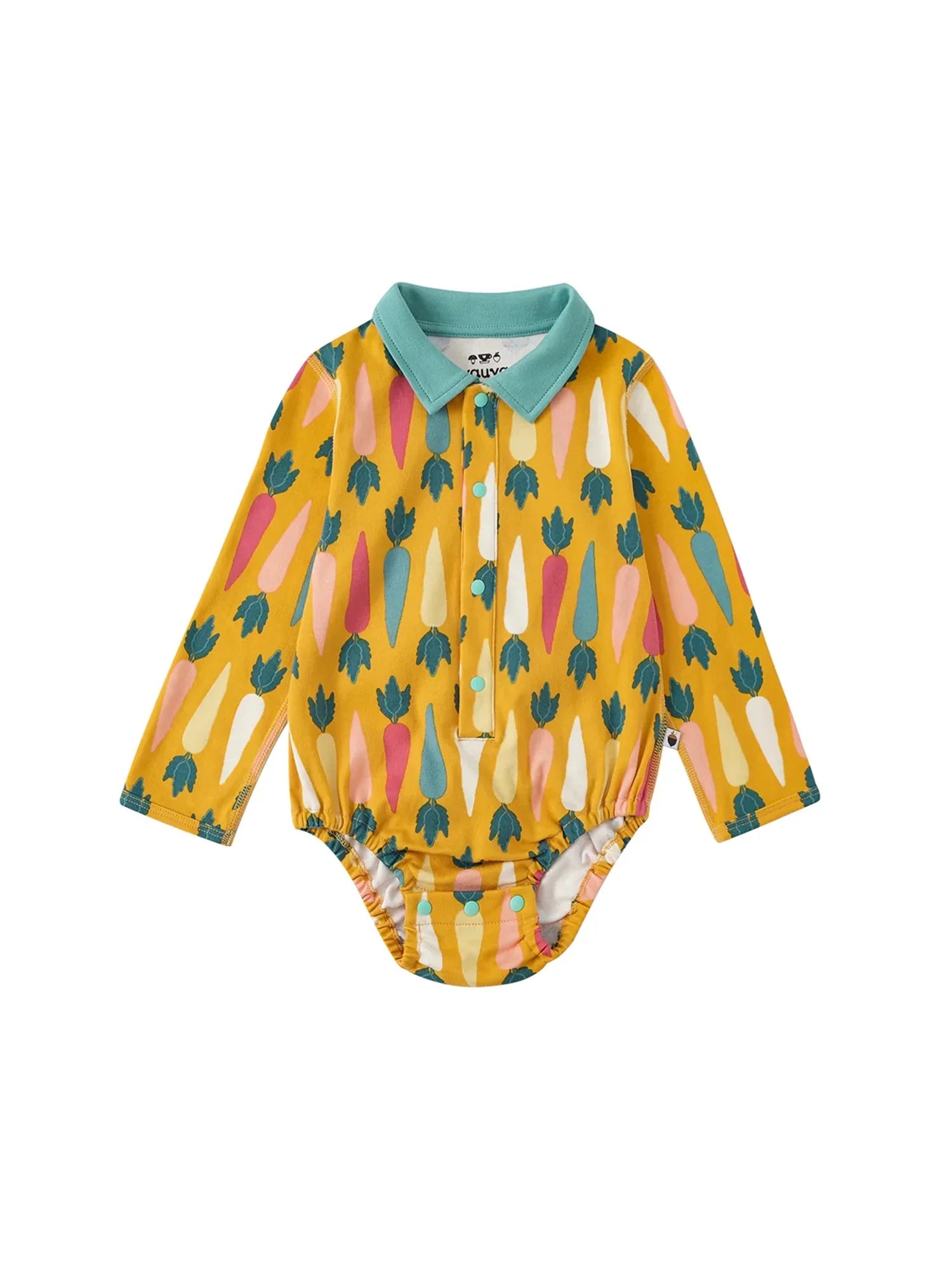 VAUVA Vauva FW23 - Baby Boy Carrot All Over Print Cotton Polo Long Sleeve Bodysuit (Yellow) Bodysuit