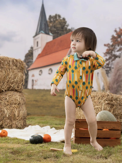 VAUVA Vauva FW23 - Baby Boy Carrot All Over Print Cotton Polo Long Sleeve Bodysuit (Yellow) Bodysuit