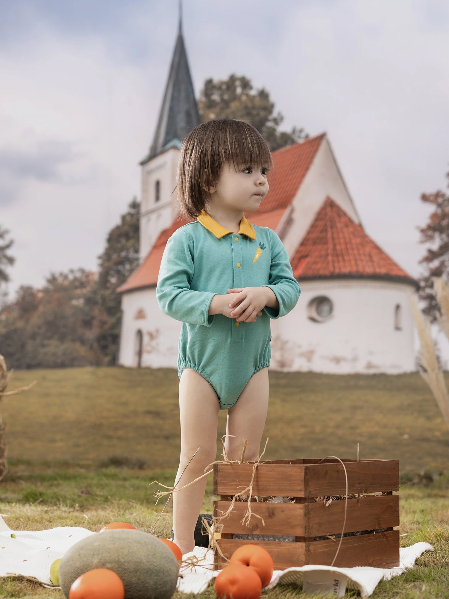 VAUVA Vauva FW23 - Baby Boy Carrot Pattern Cotton Polo Long Sleeve Bodysuit (Green) Bodysuit