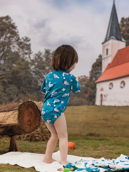 VAUVA Vauva FW23 - Baby Boy White Goose All Over Prinon Long Sleeve Bodysuit (Blue) Bodysuit