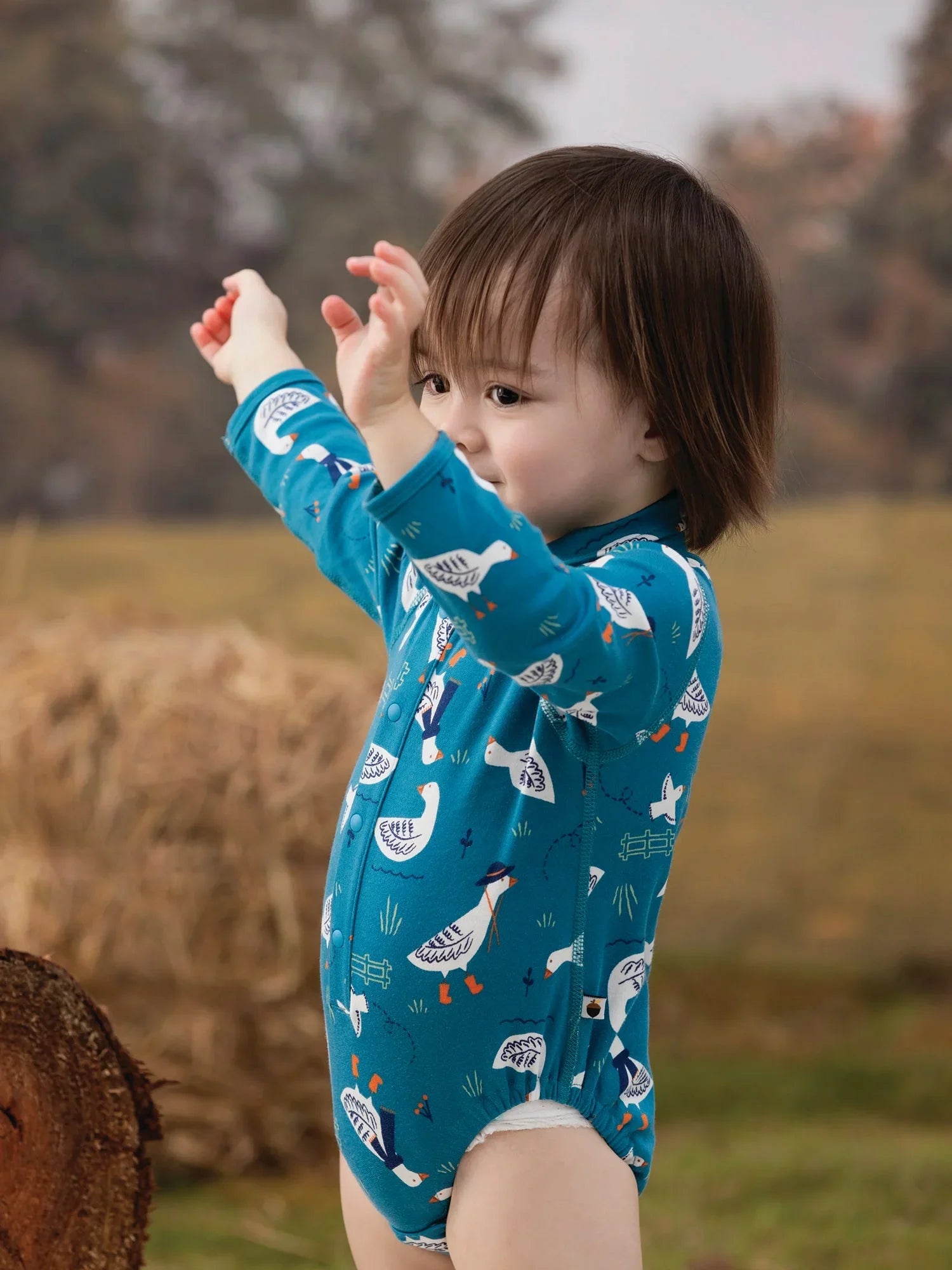 VAUVA Vauva FW23 - Baby Boy White Goose All Over Prinon Long Sleeve Bodysuit (Blue) Bodysuit