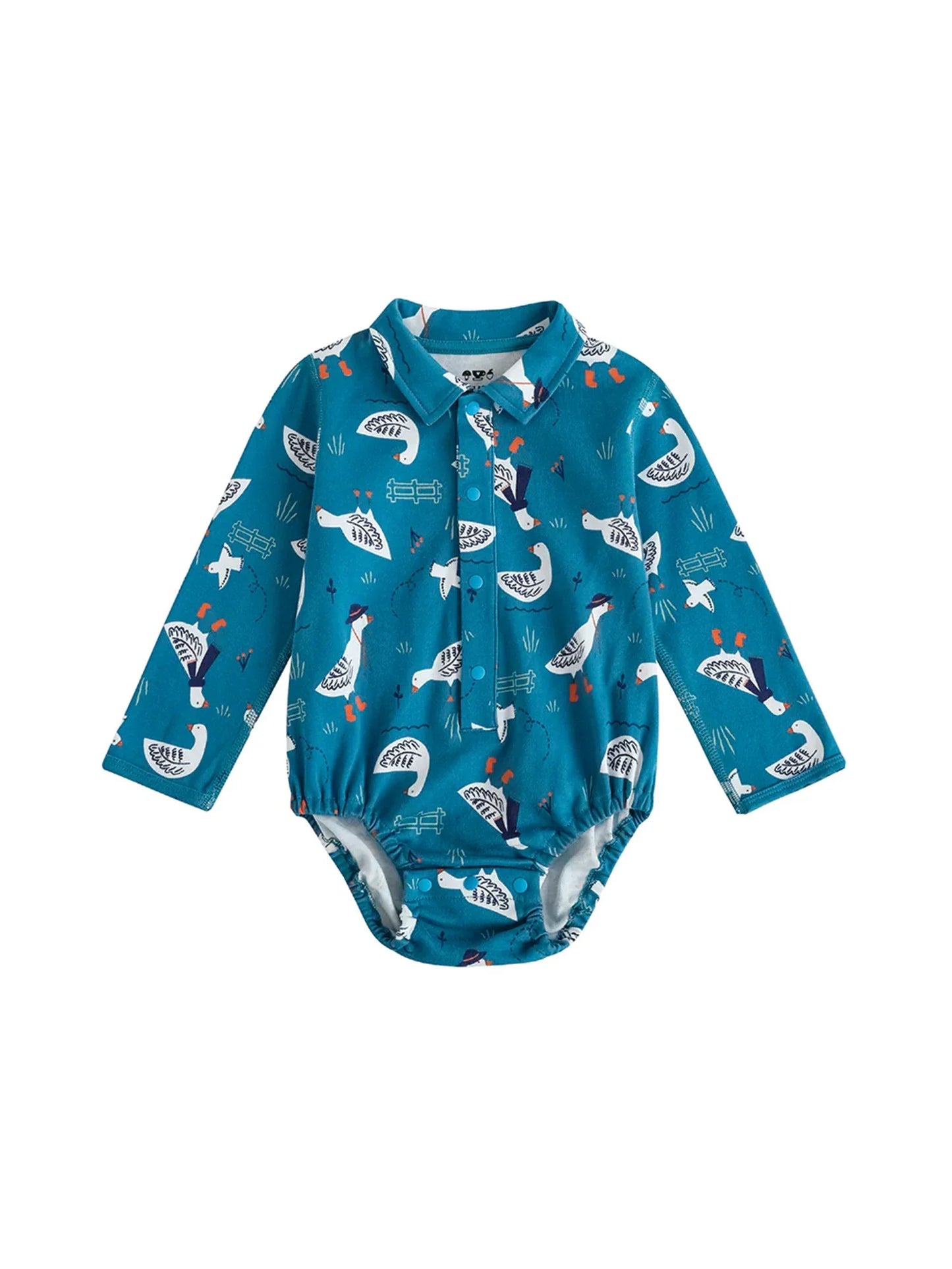 VAUVA Vauva FW23 - Baby Boy White Goose All Over Prinon Long Sleeve Bodysuit (Blue) Bodysuit