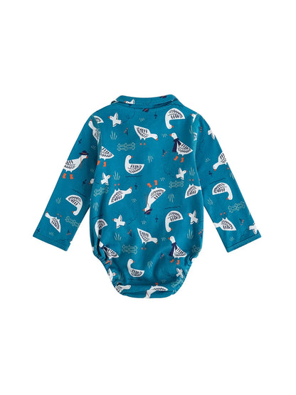 VAUVA Vauva FW23 - Baby Boy White Goose All Over Prinon Long Sleeve Bodysuit (Blue) Bodysuit