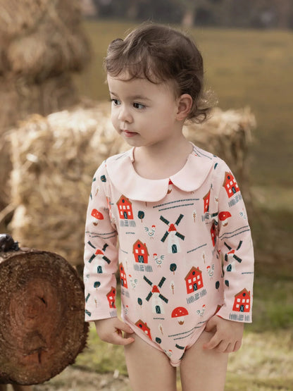 VAUVA Vauva FW23 - Baby Girl Nordic Style All Over Print Cotton Long Sleeve Bodysuit (Pink) Bodysuit