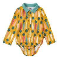 Vauva FW23 - Baby Boy Carrot All Over Print Cotton Polo Long Sleeve Bodysuit (Yellow) product image front