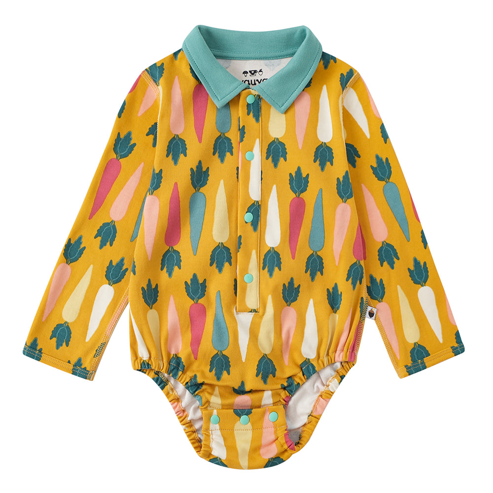 Vauva FW23 - Baby Boy Carrot All Over Print Cotton Polo Long Sleeve Bodysuit (Yellow) 18 months