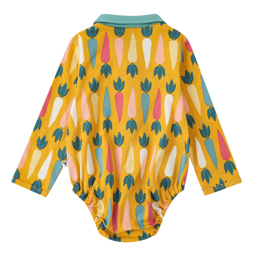 Vauva FW23 - Baby Boy Carrot All Over Print Cotton Polo Long Sleeve Bodysuit (Yellow) product image back