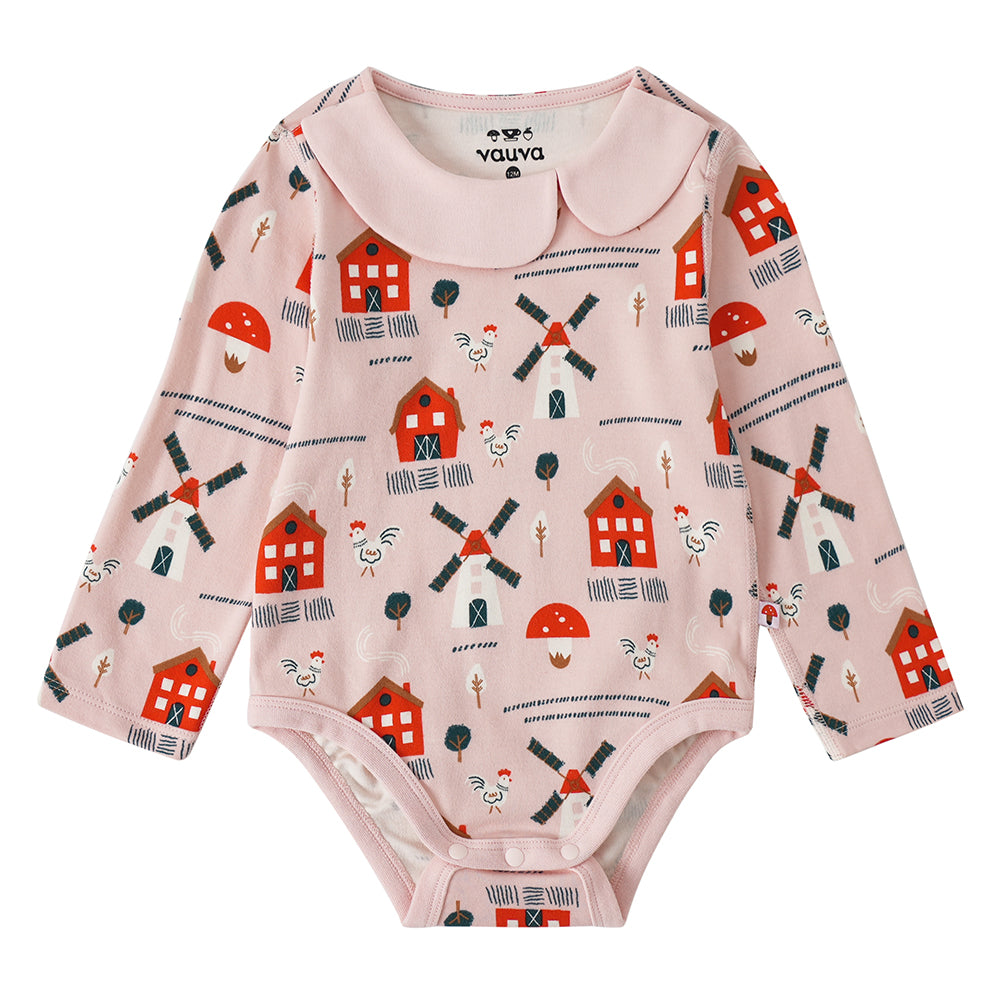 Vauva FW23 - Baby Girl Nordic Style All Over Print Cotton Long Sleeve Bodysuit (Pink)
