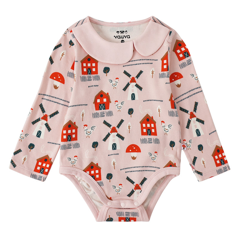 Vauva FW23 - Baby Girl Nordic Style All Over Print Cotton Long Sleeve Bodysuit (Pink) product image front