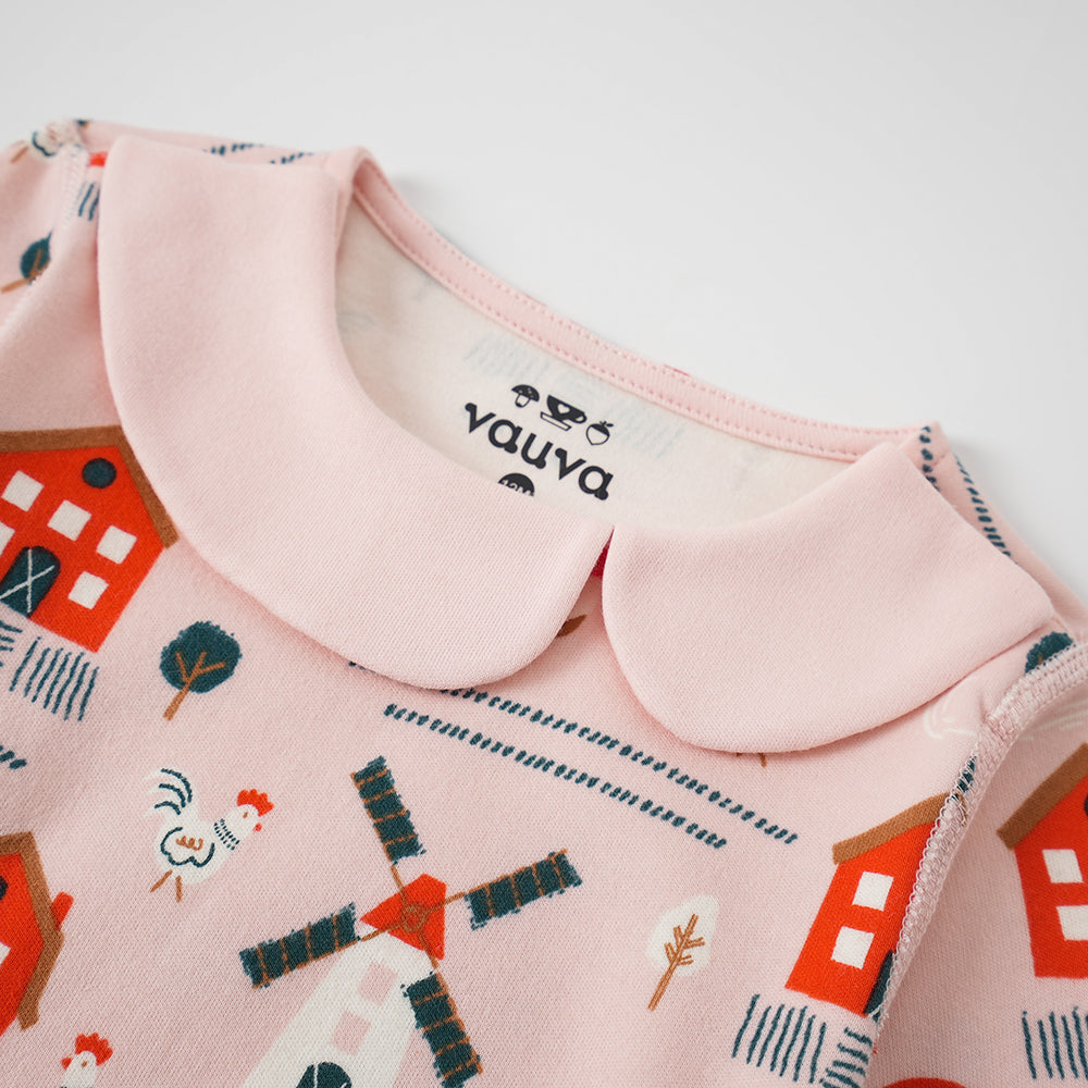 Vauva FW23 - Baby Girl Nordic Style All Over Print Cotton Long Sleeve Bodysuit (Pink) - My Little Korner