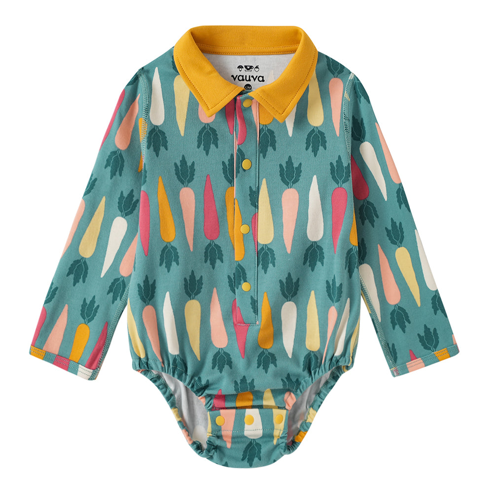 Vauva FW23 - Baby Boy Carrot All Over Print Cotton Polo Long Sleeve Bodysuit (Green) product image front