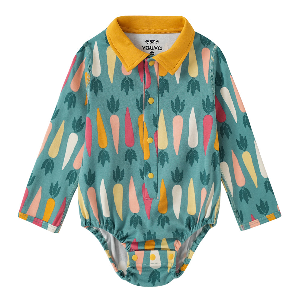 VAUVA Vauva FW23 - Baby Boy Carrot All Over Print Cotton Polo Long Sleeve Bodysuit (Green) Bodysuit