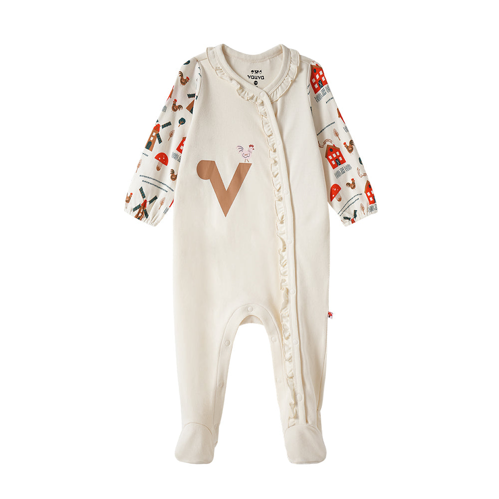 Vauva FW23 - Baby Girl Nordic Style Print Cotton Long Sleeve Romper (White) product image front