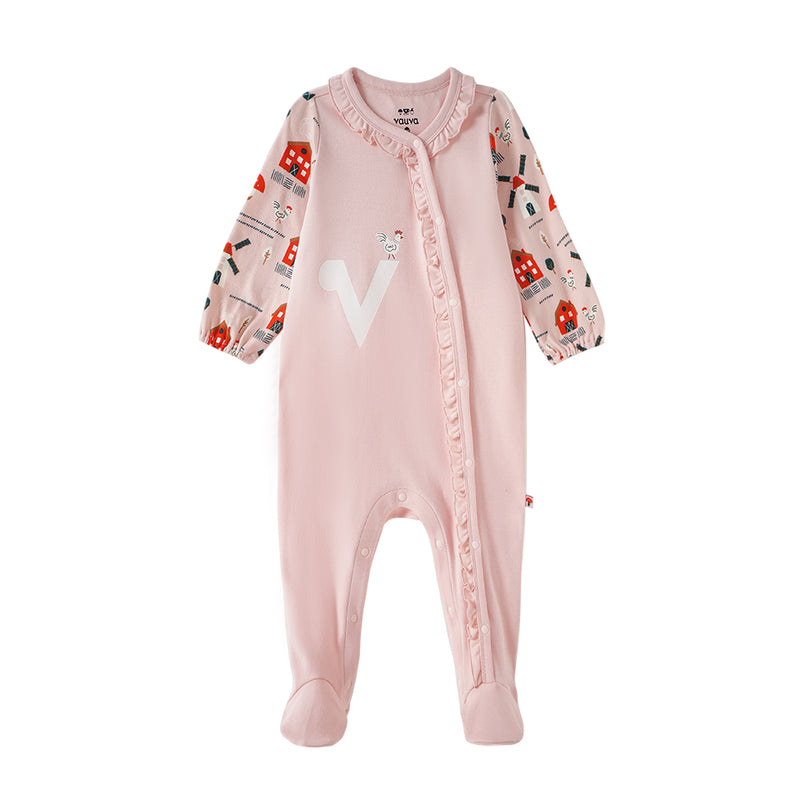 Vauva FW23 - Baby Girl Nordic Style Print Cotton Long Sleeve Romper (Pink)